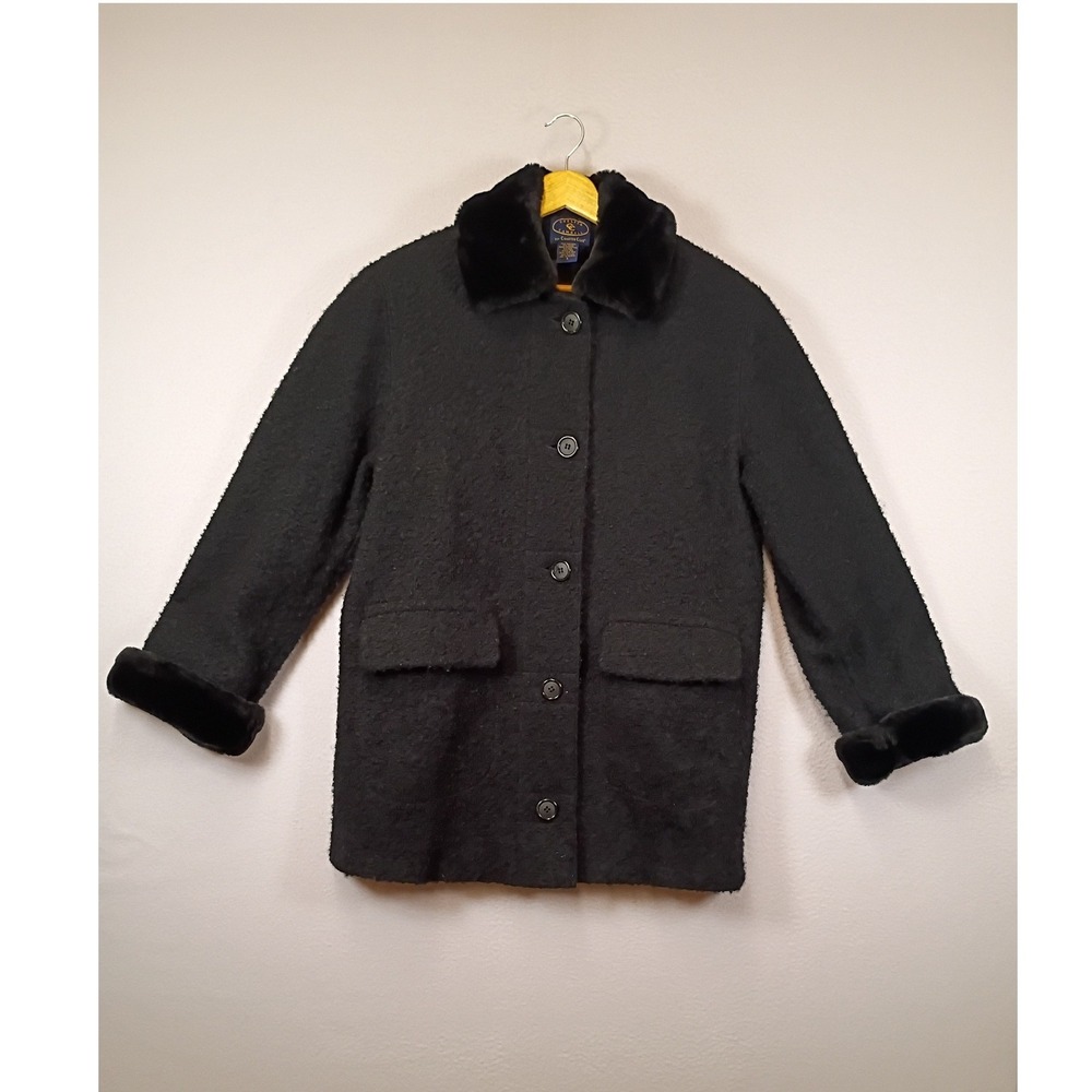 Vintage Chelsea Cambell Charter Club Women Small Black Wool Faux Fur Boucle Coat